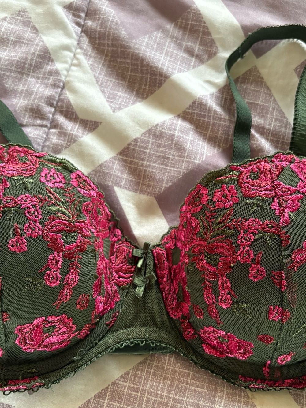 La Vie En Rose Olive Green Bra with Hot Pink Floral Embroidery